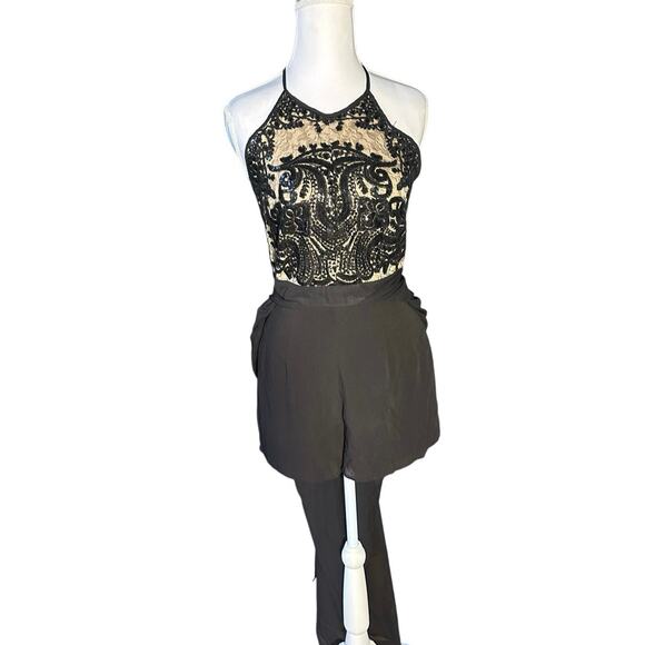 Black Small Sequin Lace Bodice Backless Halter Shorts Jumpsuit Long Shear Skirt - Picture 4 of 9
